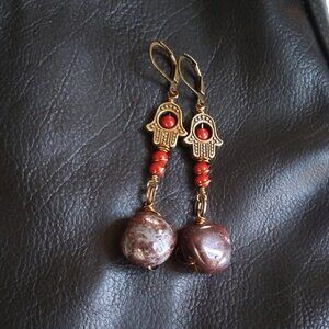 Hamsa Hand Dangle Earrings! Blessings & Protection! Huge Blood Red Stone Nuggets